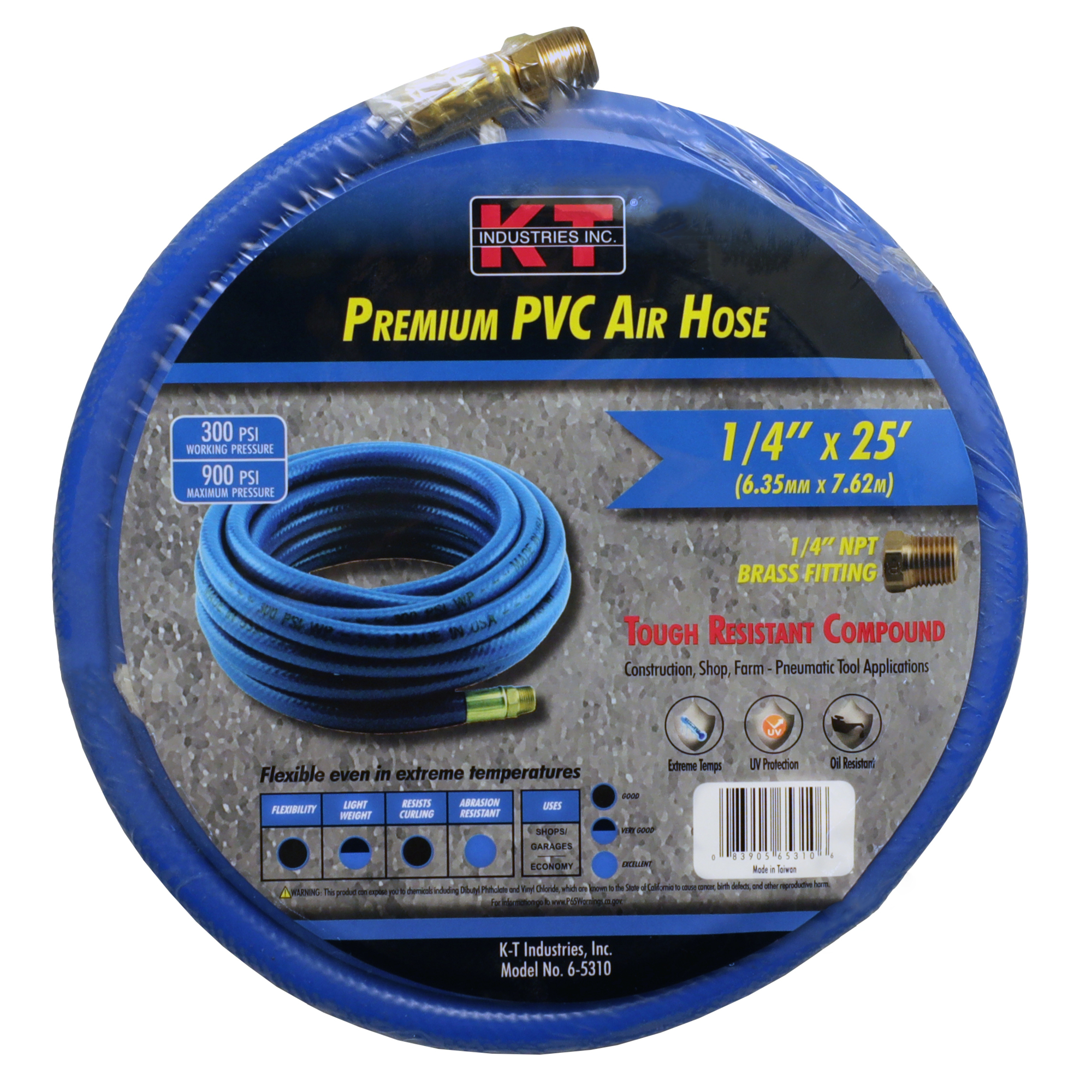 K-T Industries PVC Air Hose — 1/4in. x 25ft., Brass Fittings, Model# 6-5310